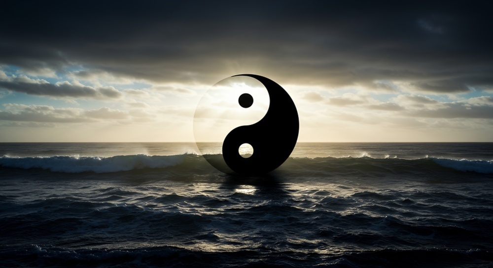 Yin-yang symbol over ocean waves