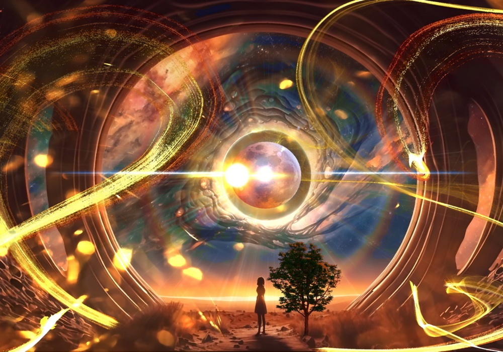 Cosmic portal with tree and standing figure representing spiritual solitude