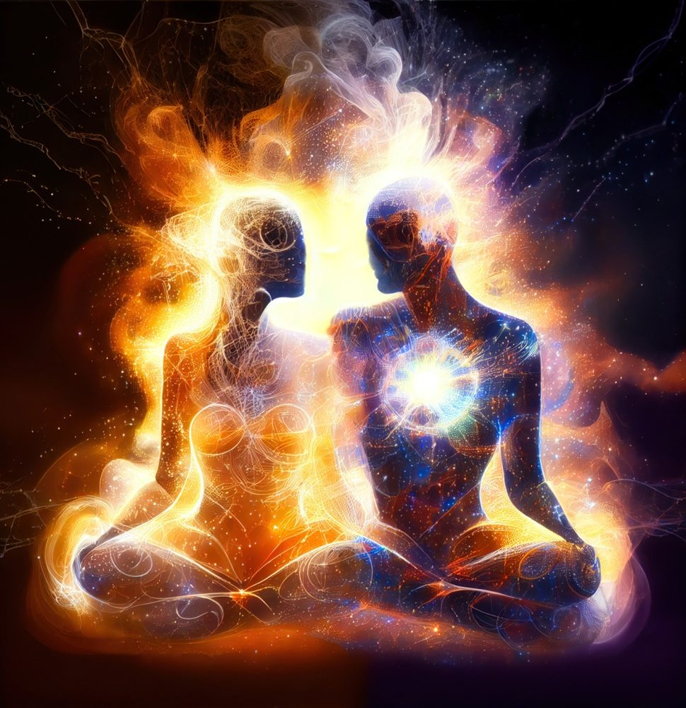 Two meditating figures with merged energy fields representing shared consciousness