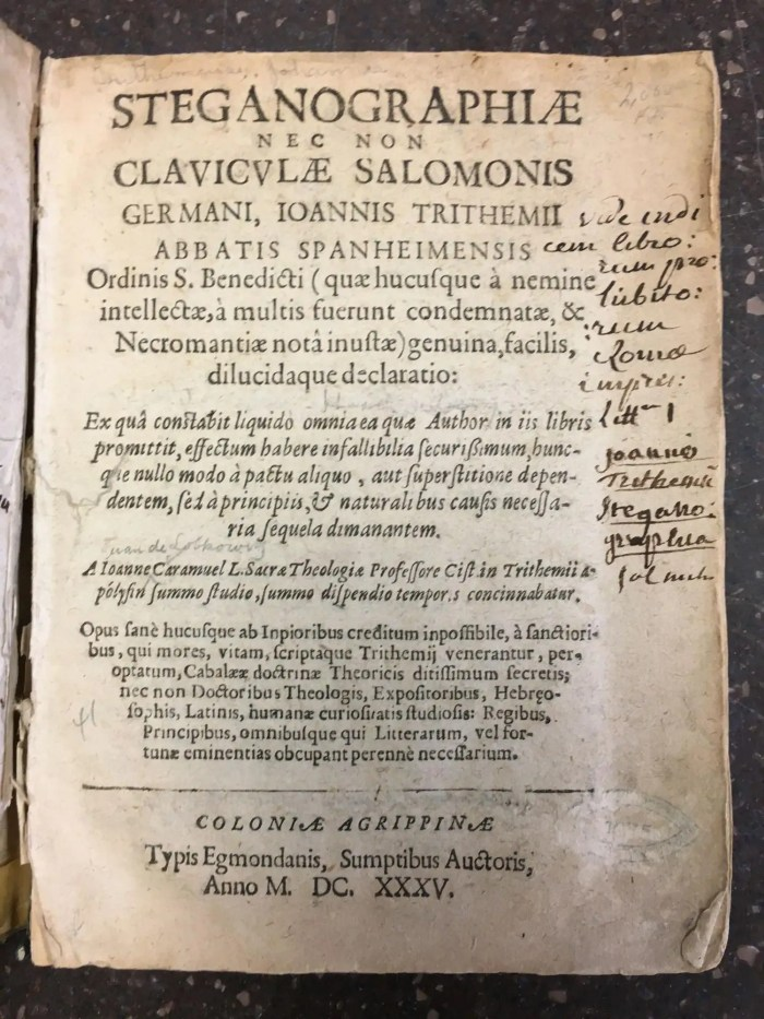 Title page of the 1606 Frankfurt edition of Steganographia showing the Latin inscription Ars per occultam scripturam animi sui voluntatem absentibus aperiendi certa