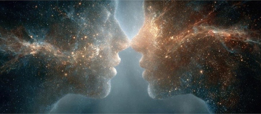 Cosmic faces formed from nebula clouds approaching each other