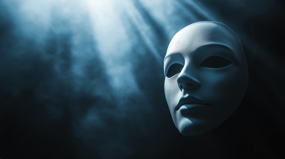 White porcelain mask floating in dark mist