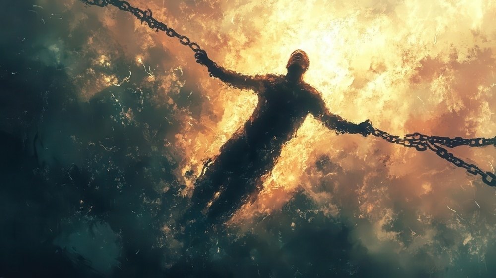 Burning figure breaking chains