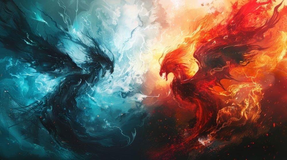 Red and blue dragons fighting representing duality