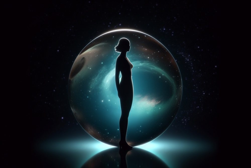 Silhouette of woman standing inside translucent cosmic sphere containing stars and nebula
