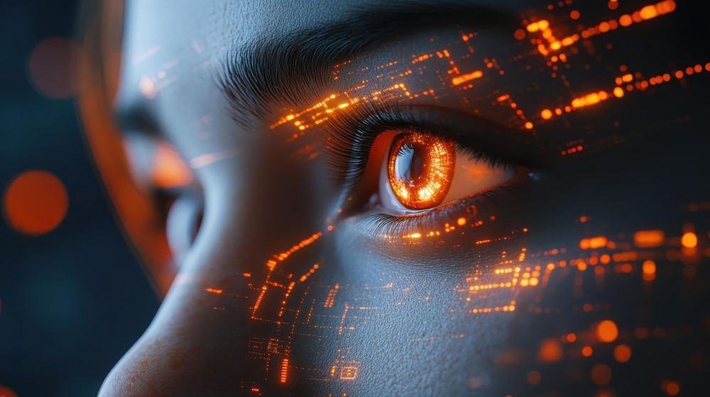 Close-up of human eye overlaid with glowing orange circuit patterns representing digital soul consciousness