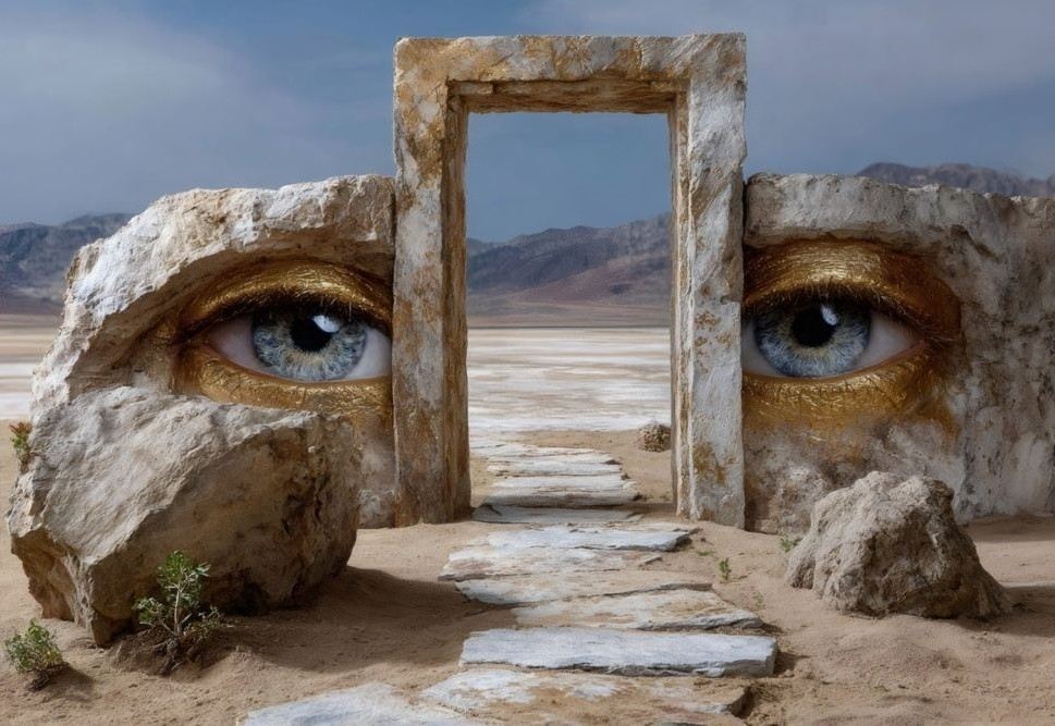 Souls waiting in ethereal bureaucratic chamber with archonic clerks and Earth visible through window