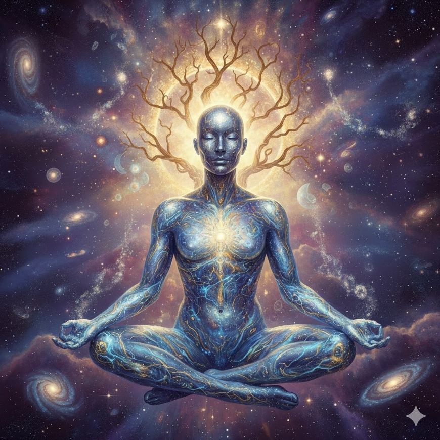 Silver-blue human figure meditating in lotus position with cosmic tree growing from head and galaxies in background