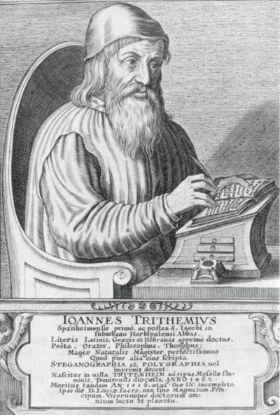 Circular angelic seal with Hebrew letters and planetary symbols representing Trithemius's cryptographic system