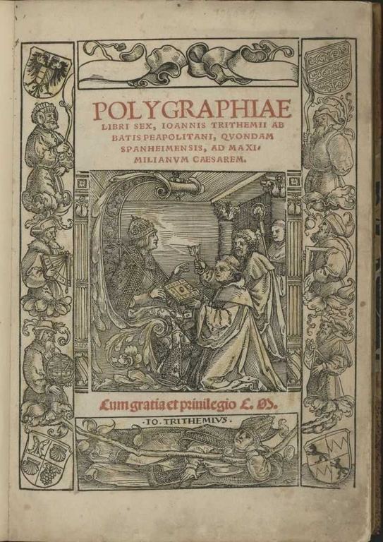 Title page of Trithemius Polygraphia showing ornate Renaissance engraving