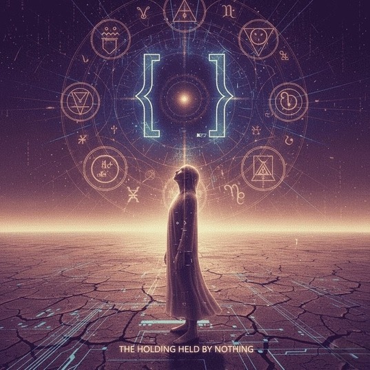 Figure standing before cosmic code and symbols with glitch revealing light