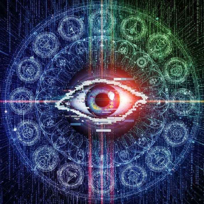 Digital eye with glitching pixels and sacred geometry overlay