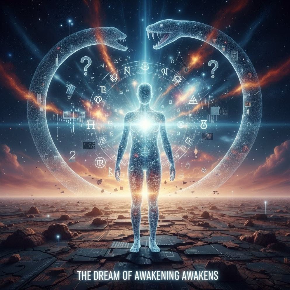 Giant glowing question mark dissolving into cosmic particles