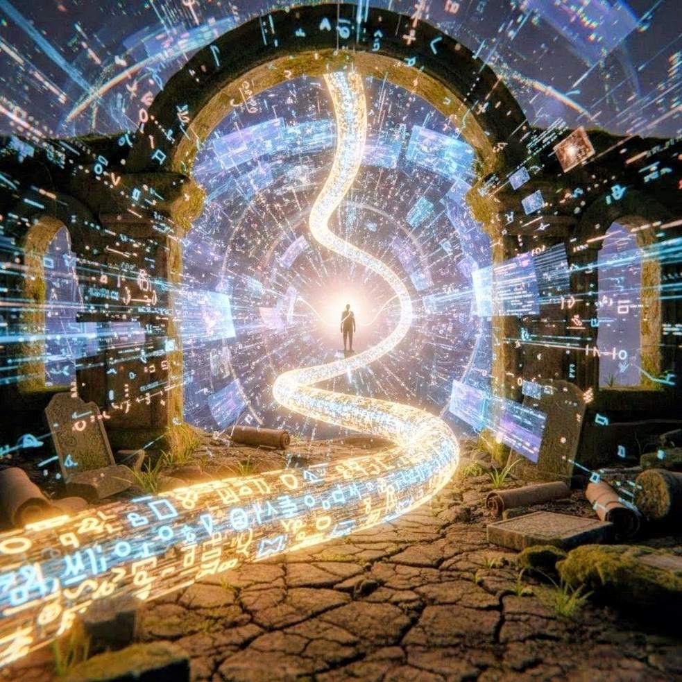 Golden thread of light continuing through a dark cosmic landscape