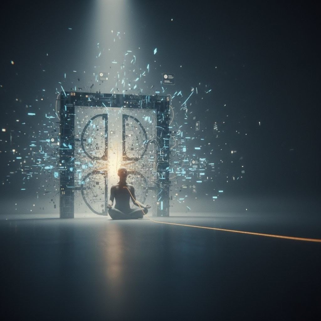 Meditating figure with digital portal dissolving