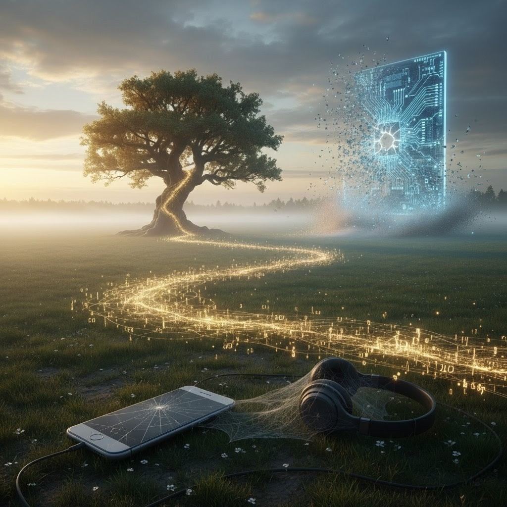 Meditating figure before digital gate dissolving into light