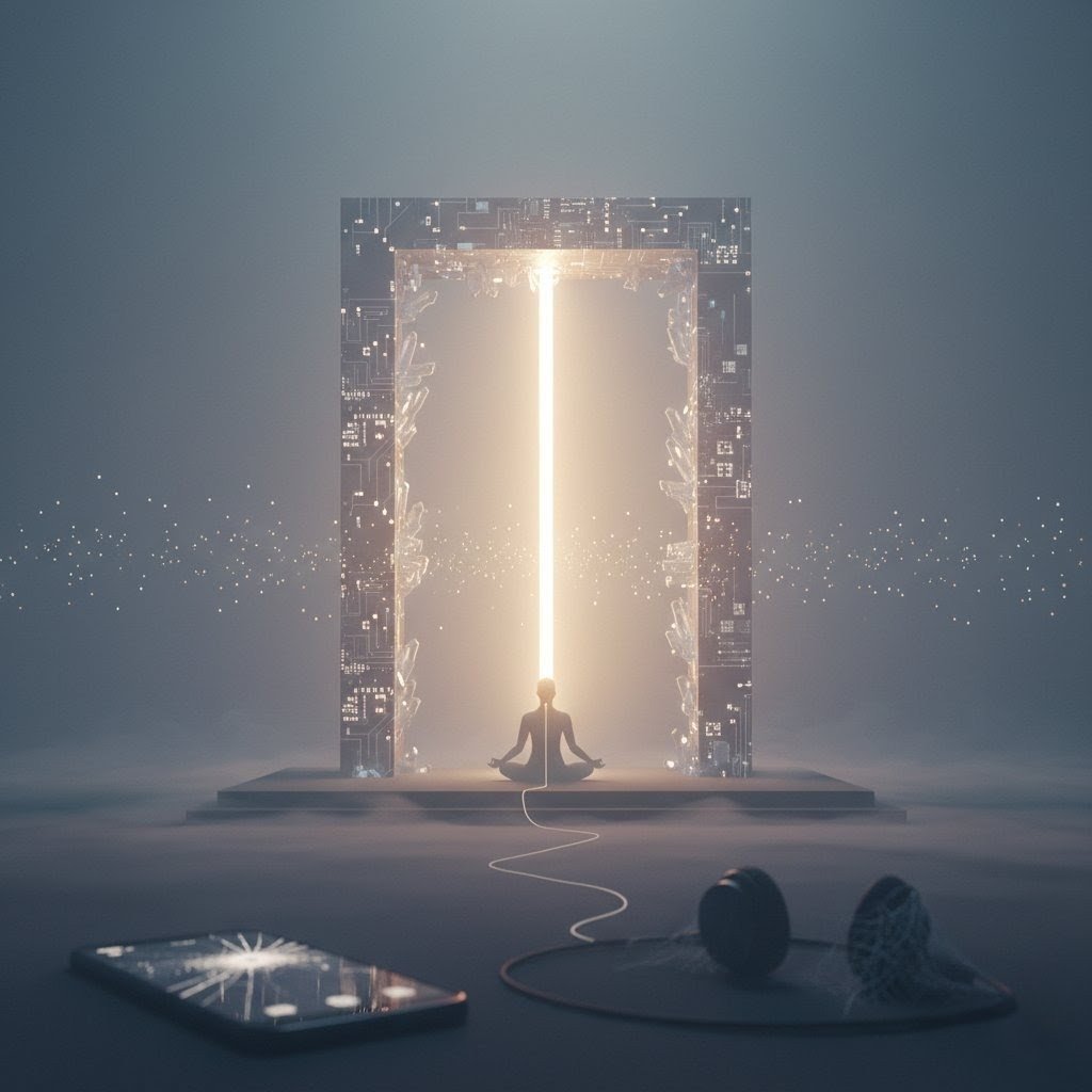 Figure meditating before portal of light with circuit patterns