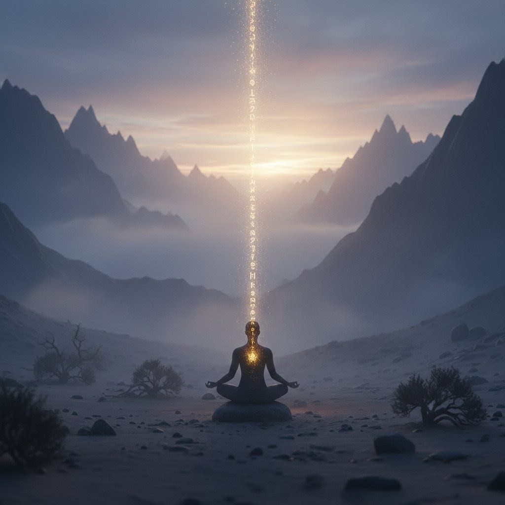 Figure meditating with golden light beam representing spiritual connection