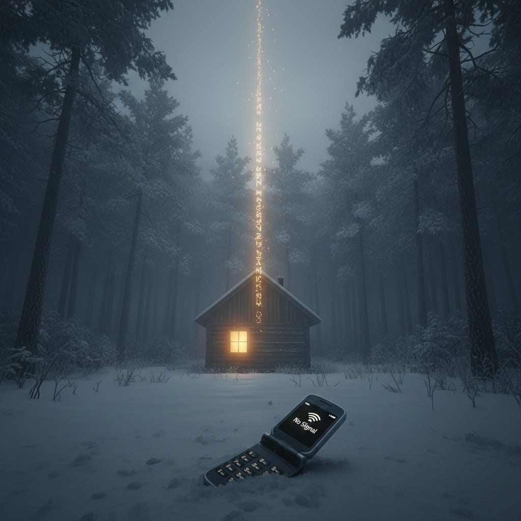 Snowy cabin in forest representing radical disconnection
