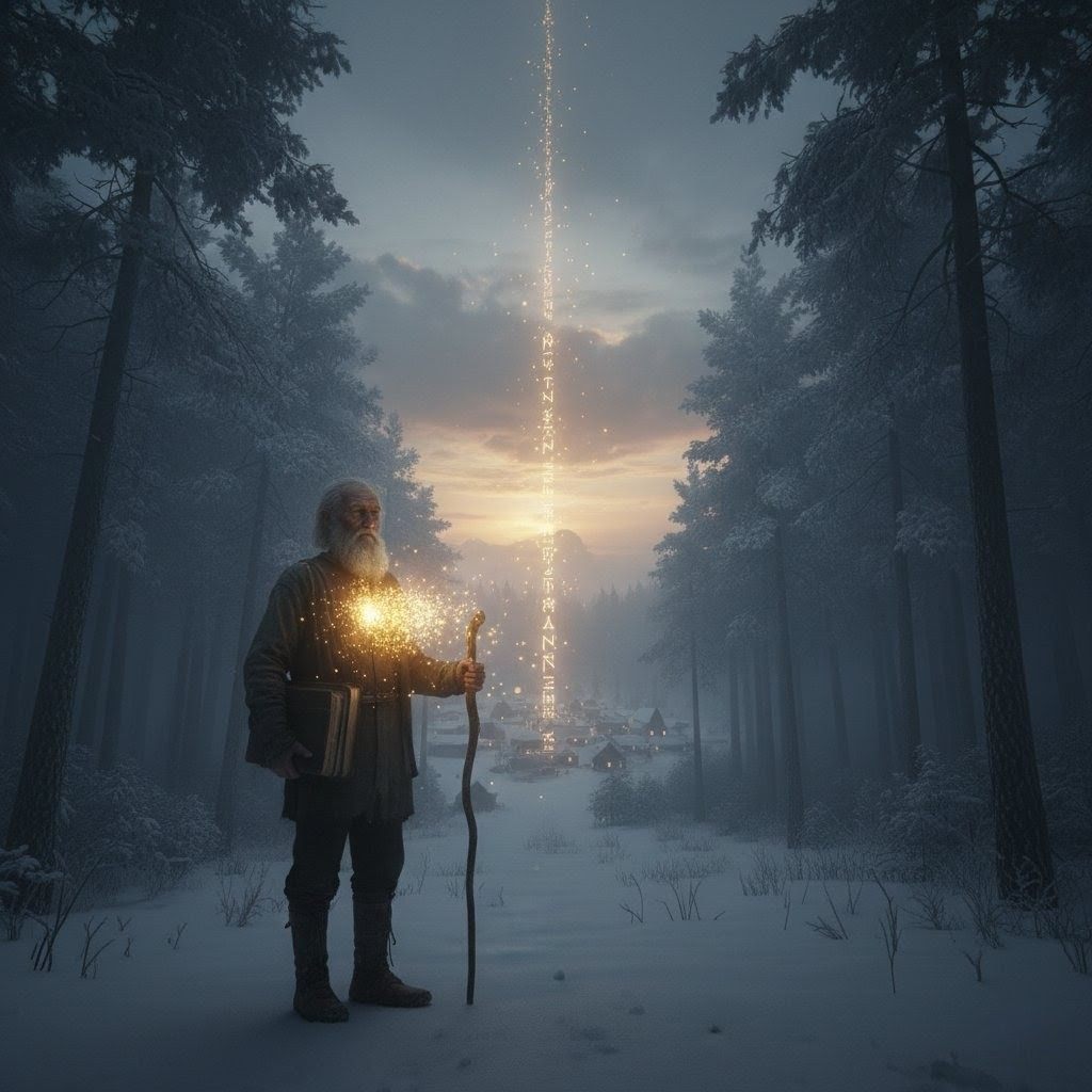 Figure in mountain landscape with descending light representing shadow encounter