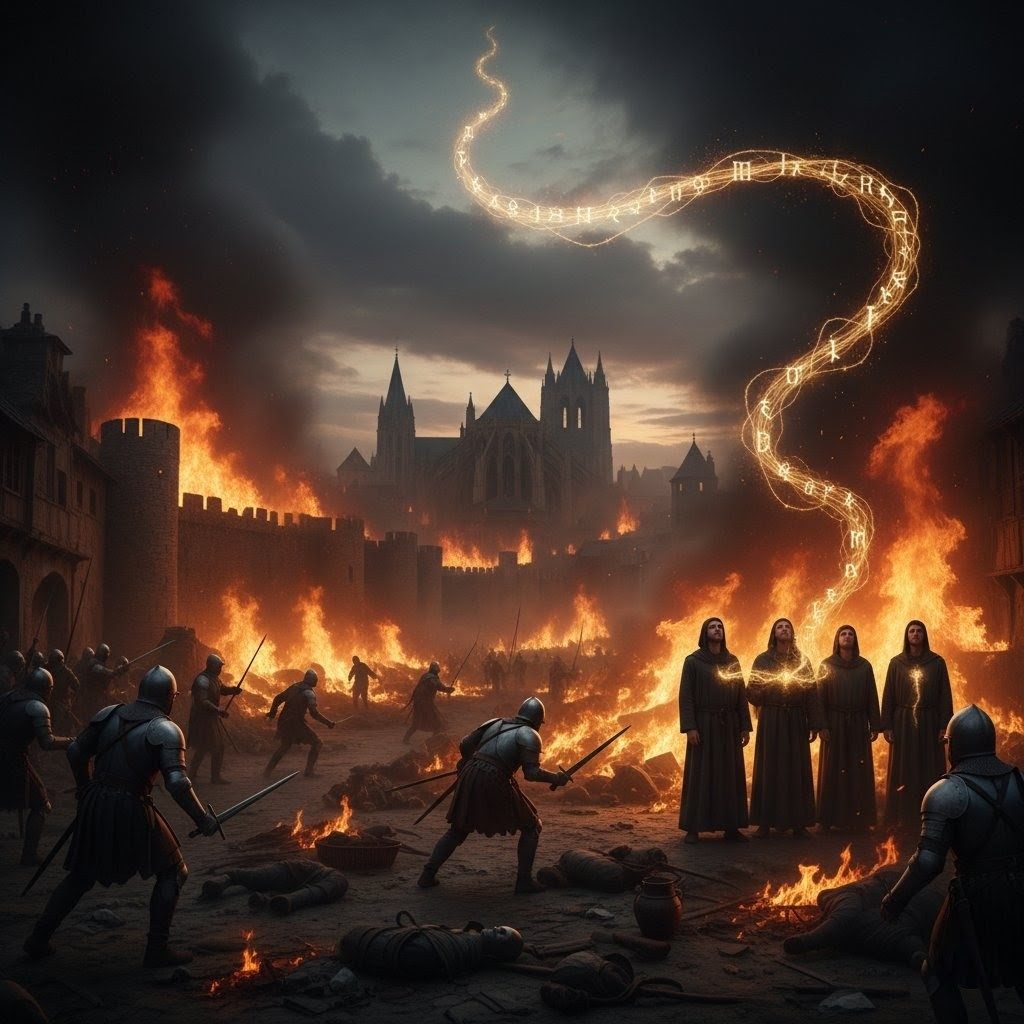 Burning medieval city representing church response