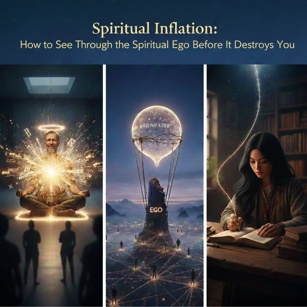 Spiritual ego visualization with cosmic eye and mountain landscape