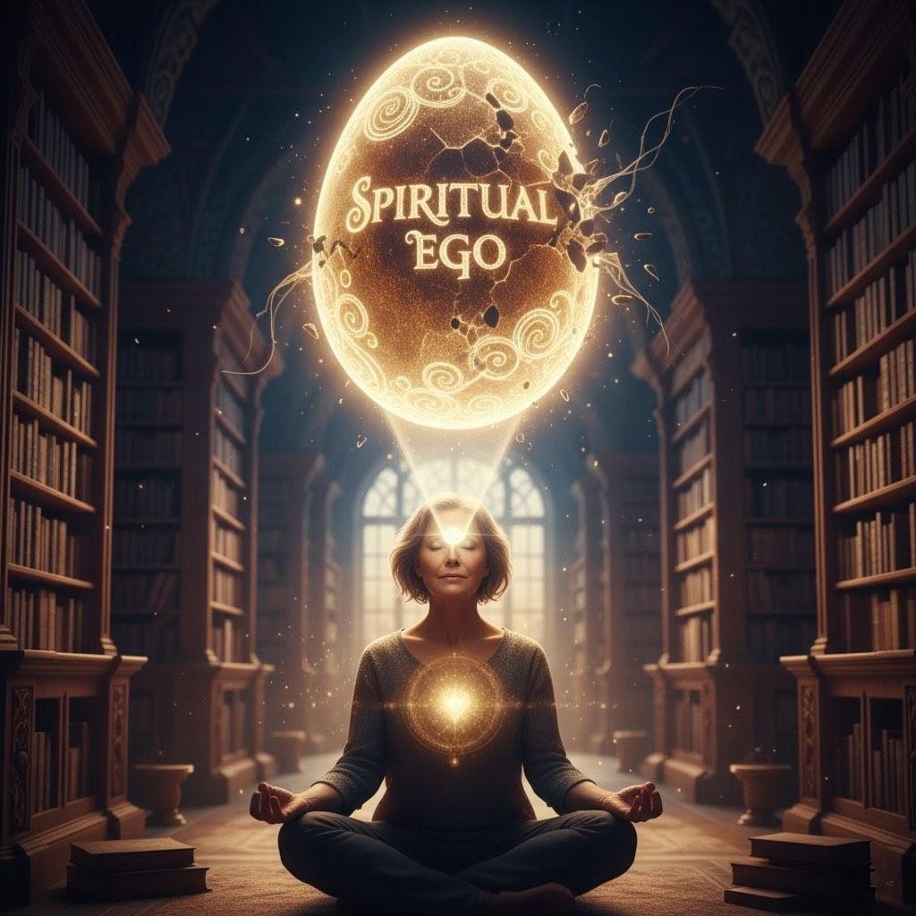 Triptych showing meditation, ego balloon, and study