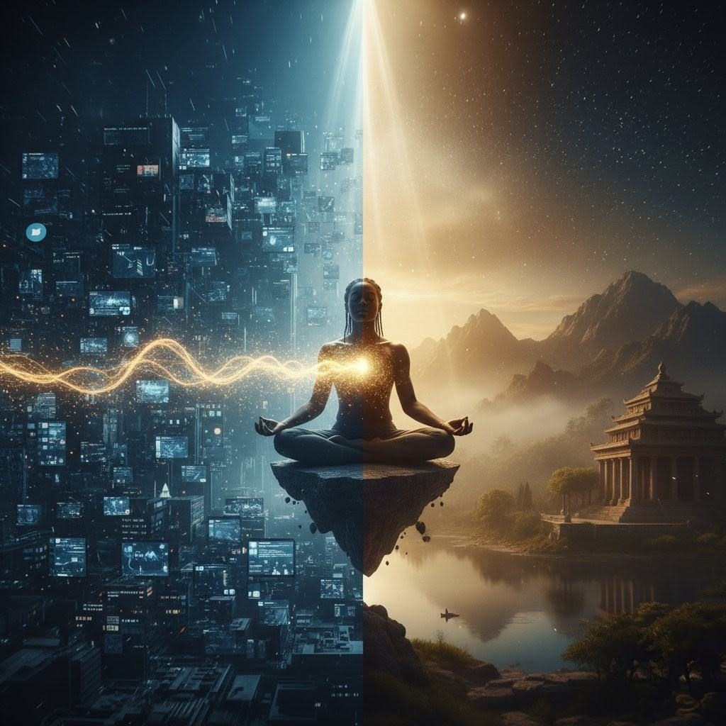 Meditating figure floating between technological city and ancient temple