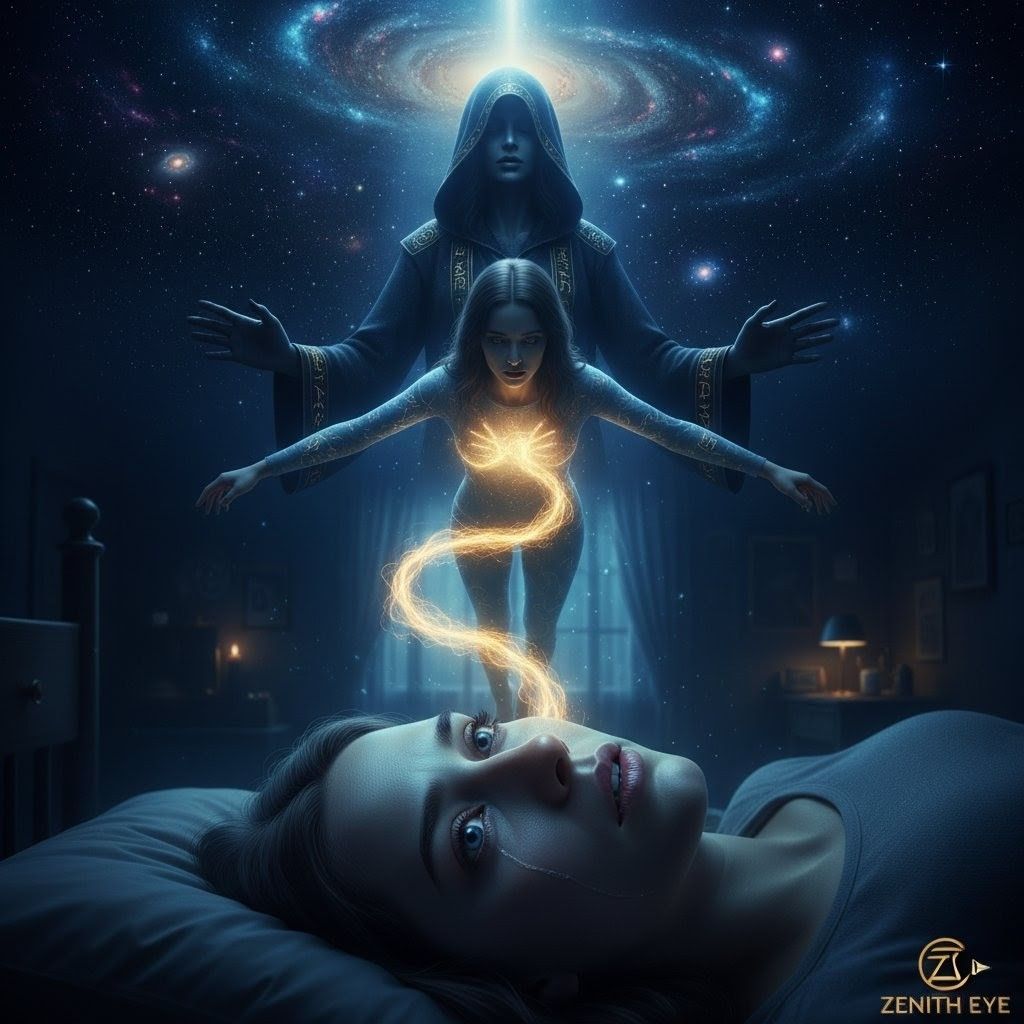 Bedroom opening into cosmic realm during sleep paralysis episode