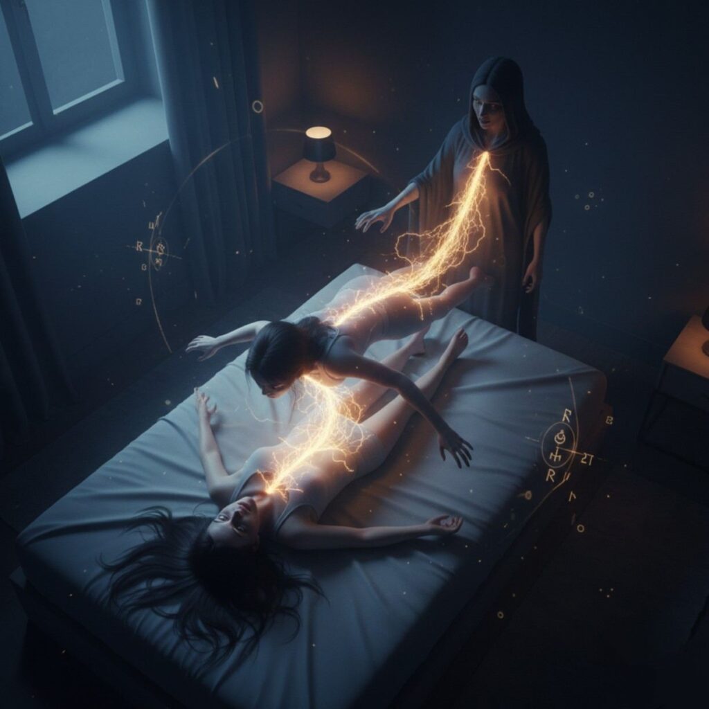 Hooded cosmic entity overseeing sleep paralysis experience