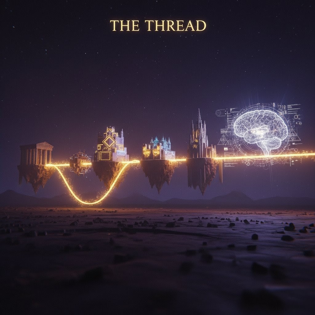 Floating islands connected by golden thread across void
