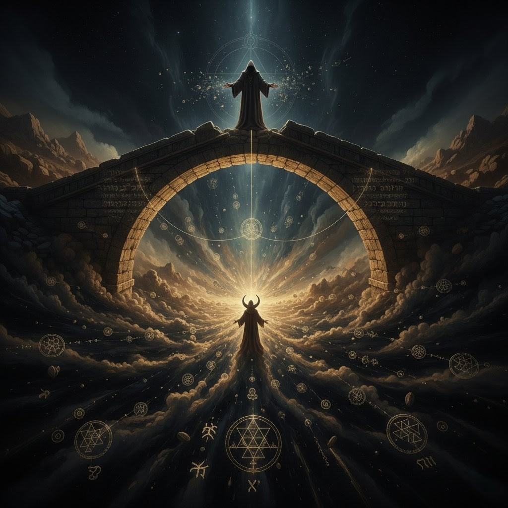 Dark hooded figure representing the adversary or guardian at the threshold