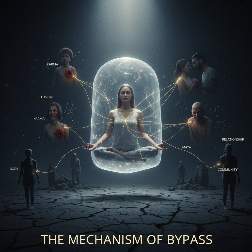 Figure with serene expression and flat affect representing bypass