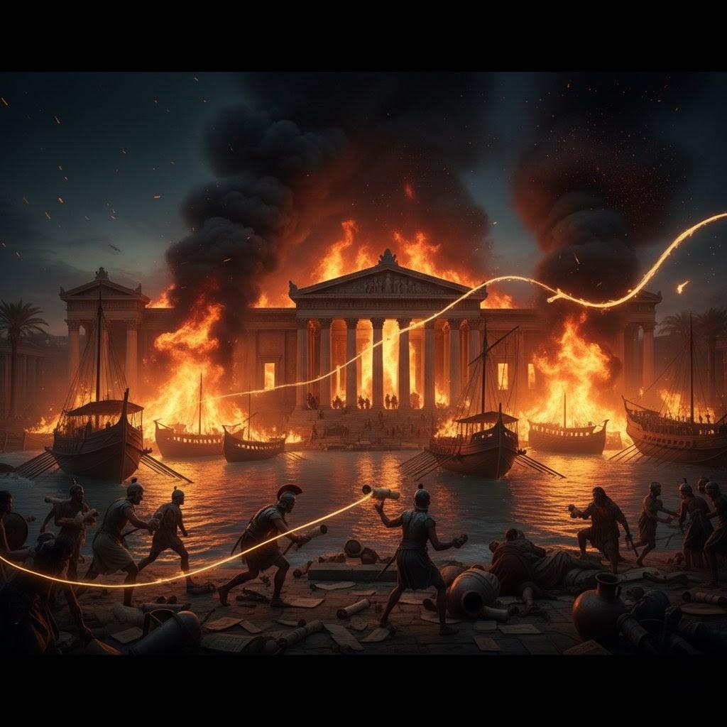 Ancient Alexandria harbour with ships burning and fire spreading toward the city