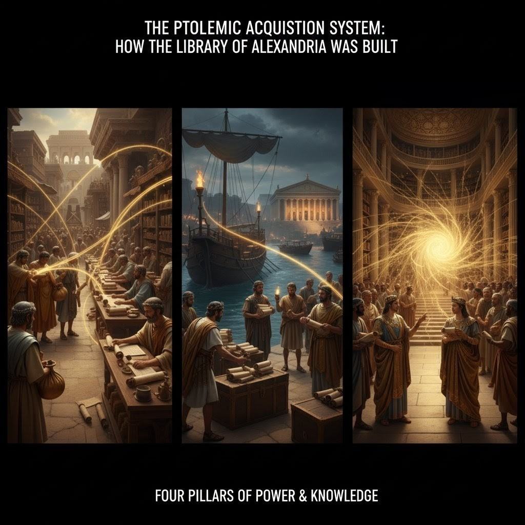 Ancient scribes working in the Library of Alexandria with scrolls and catalogue tablets