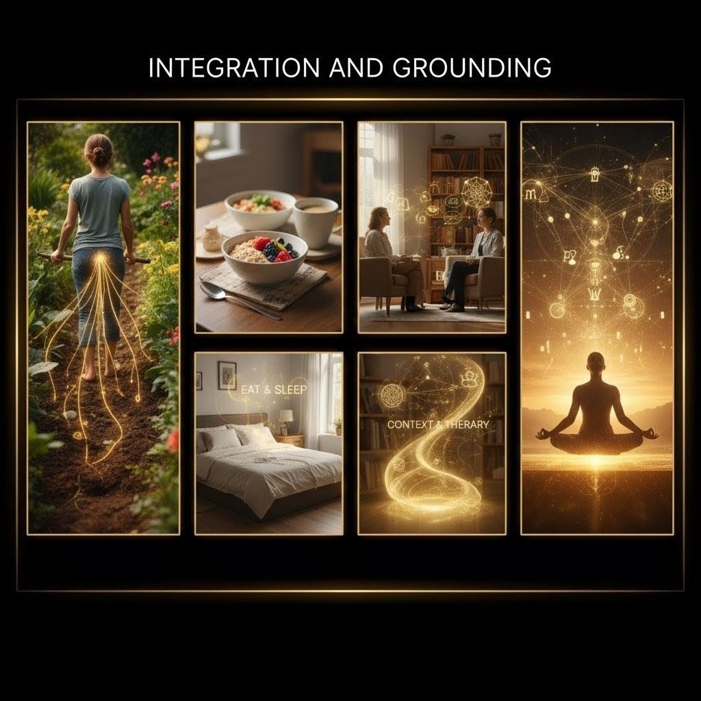 Integration practices showing grounding in nature, nutrition, therapy, and energy work