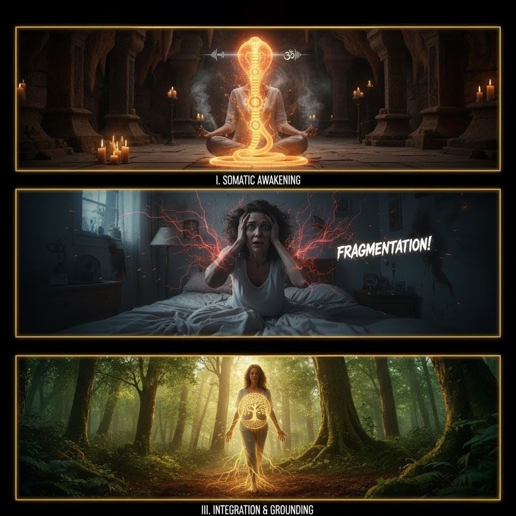 Four panels showing tummo heat, kriya movements, jyoti light, and nada sound phenomena