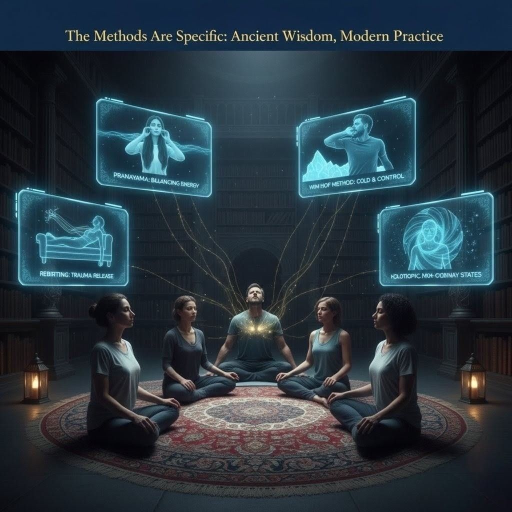 Four breathwork methods displayed as holographic interfaces