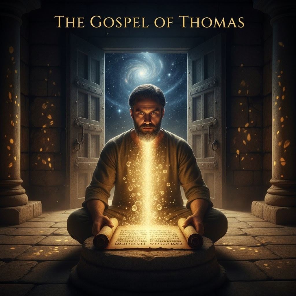 The Gospel of Thomas manuscript with glowing text