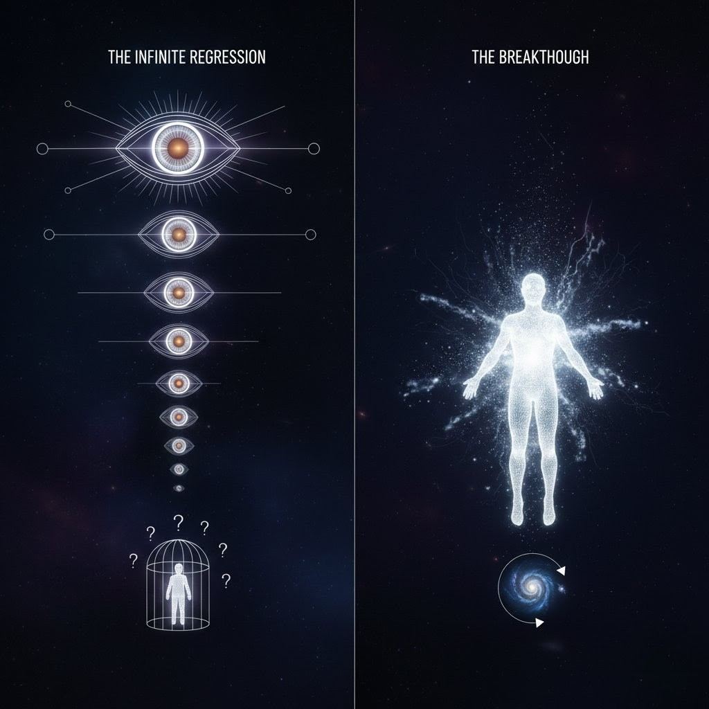 Infinite regression of observers and breakthrough into non-dual awareness
