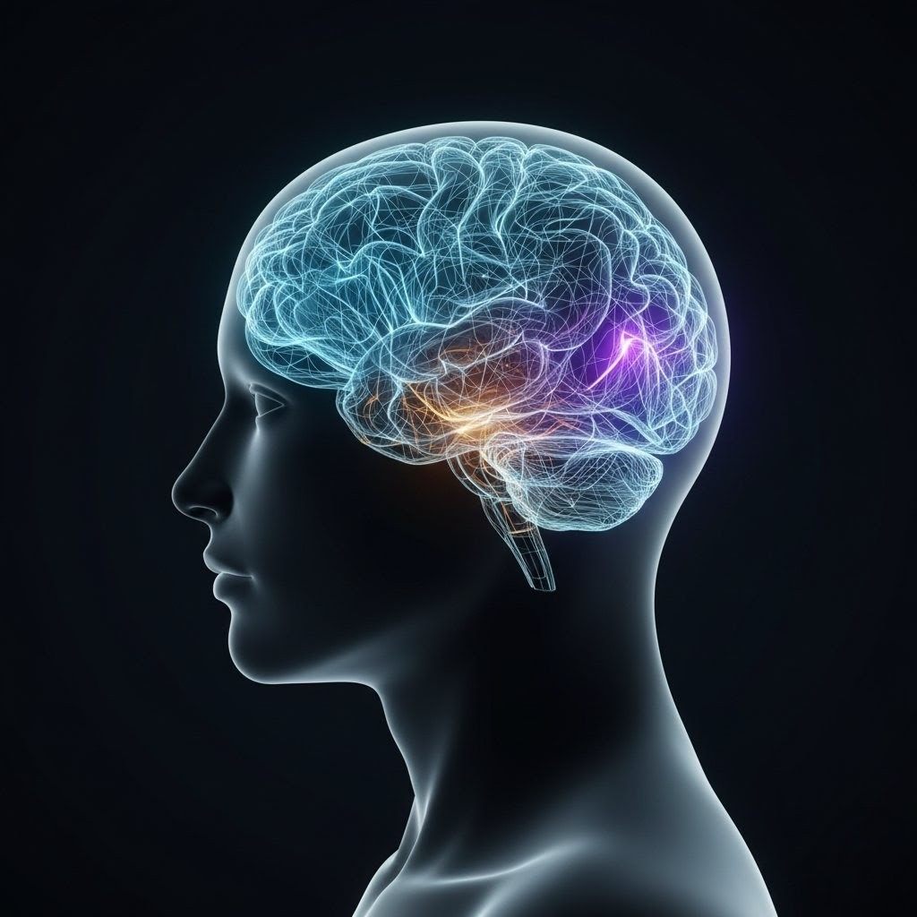 Brain with highlighted neural pathways showing witness function activation