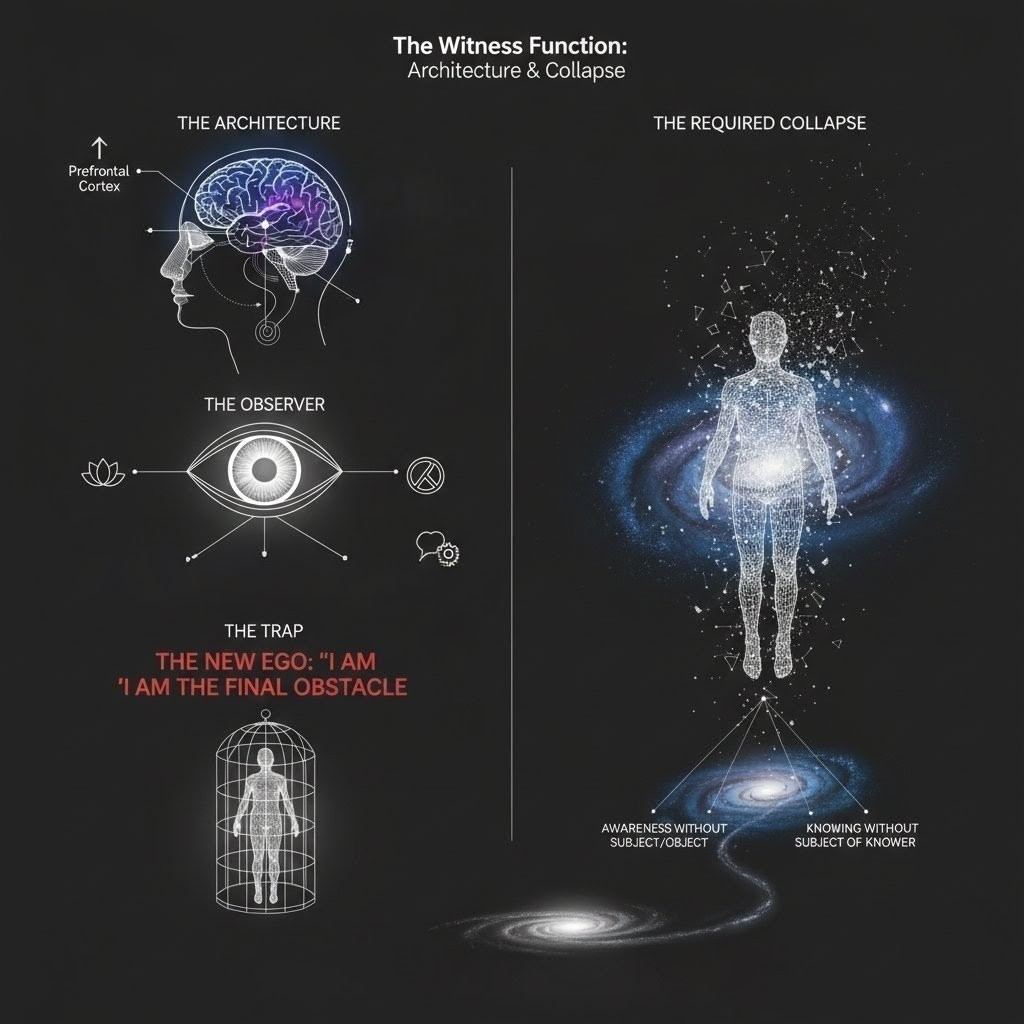 Diagram showing witness function architecture and the trap of new ego identification