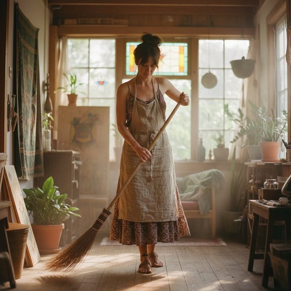 Woman standing in garden with subtle golden thread