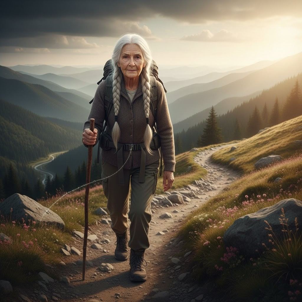 Elderly woman walking mountain path with thread