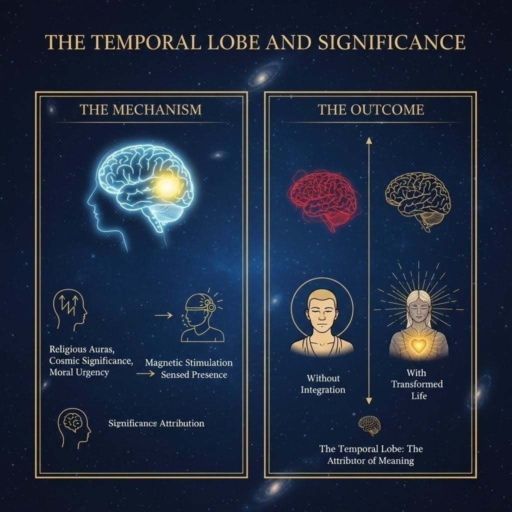 Brain highlighting temporal lobe and significance attribution regions