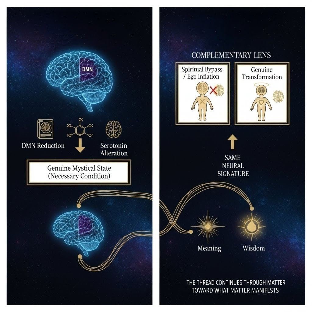 Diagram showing DMN reduction leading to transformation versus spiritual bypass