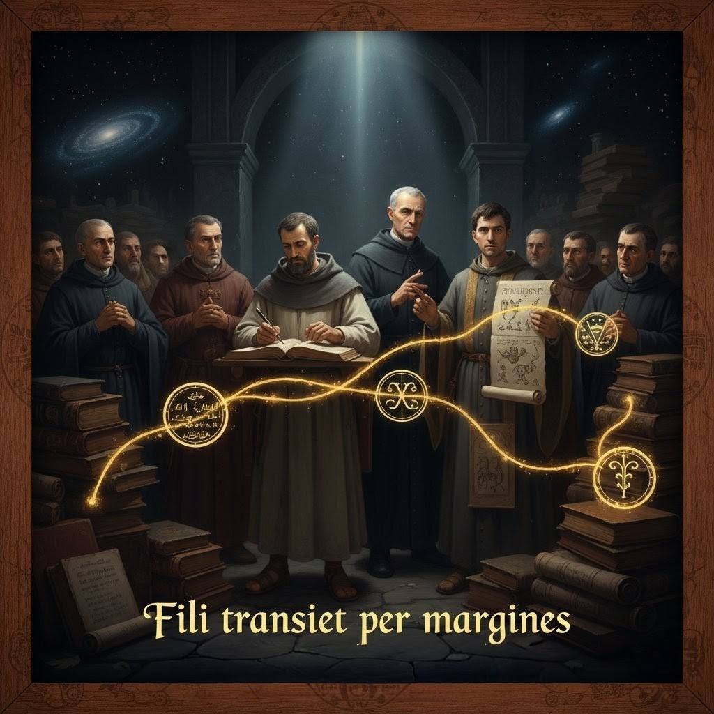 Medieval scholars from different faiths collaborating in a cathedral library scriptorium