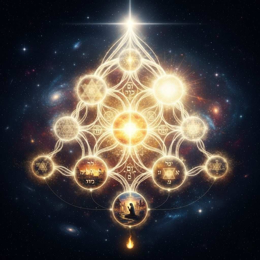 Three vertical pillars of light representing Mercy Severity and Mildness with sefirot arranged along each pillar