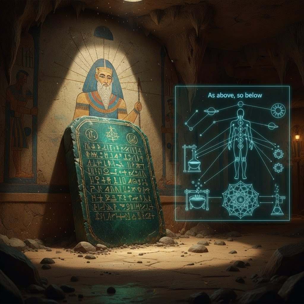 Ancient emerald tablet with inscribed Hermetic text resting on a stone pedestal in dim torchlight