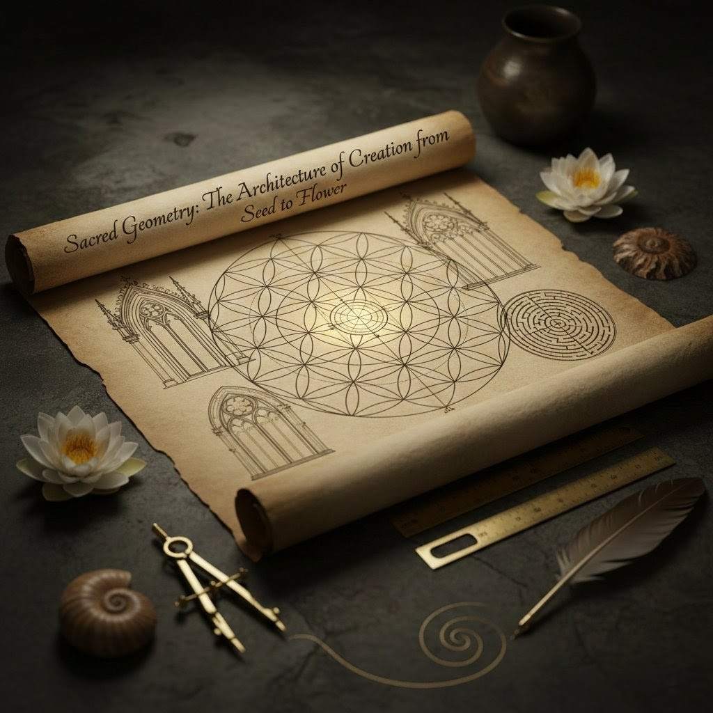 Geometric construction showing overlapping circles forming the Flower of Life pattern with derived polygons